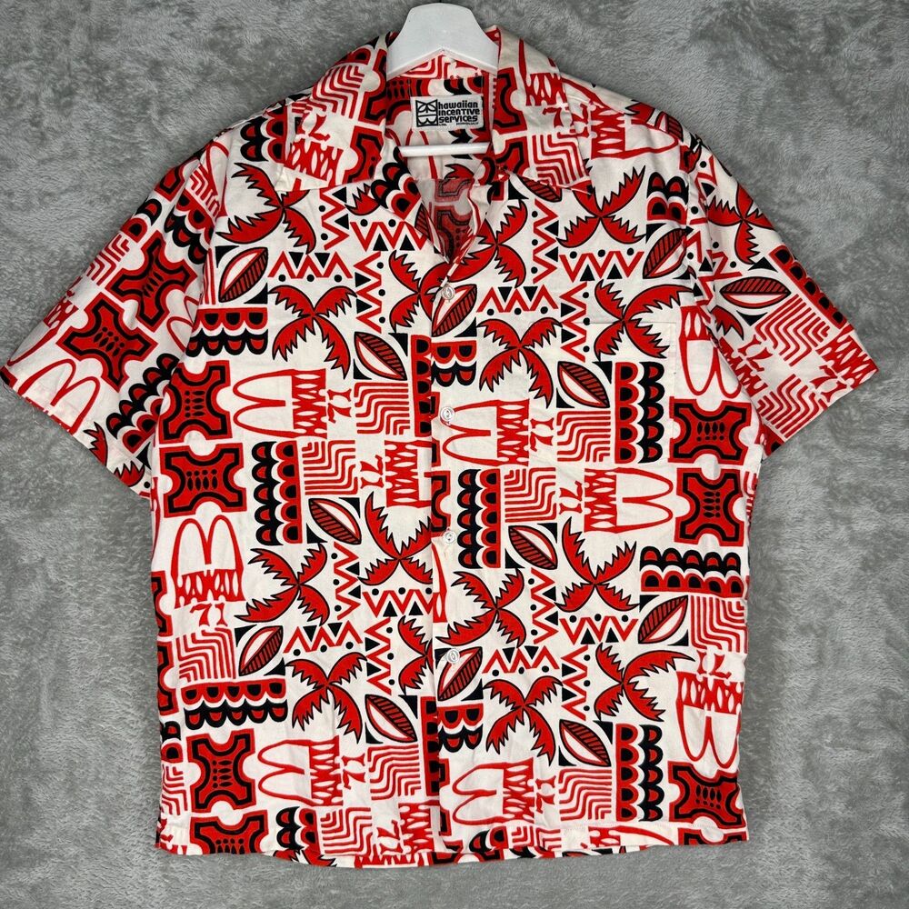 VTG 70s McDonalds Uniform Hawaiian Camp Shirt Mens Large Employee Loop Collar